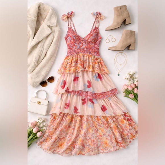 Free People Dresses & Skirts - Free People Coraline Tiered Maxi Dress Boho Floral Pink Ruffle Size 0